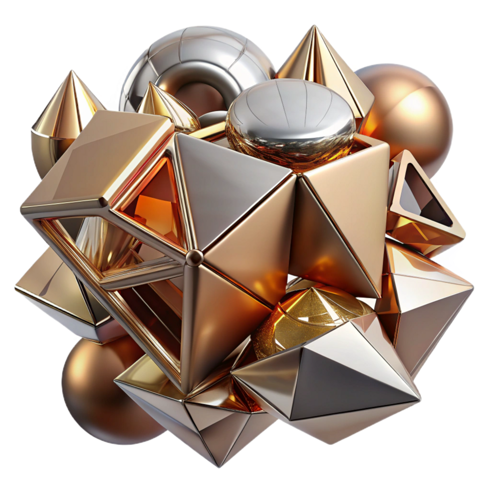 vibrant modern A dynamic composition of fragmented, geometric shapes, with metallic textures and reflections, in a futuristic, abstract style high quality png