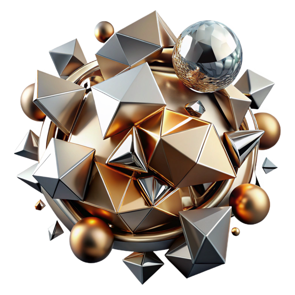 magnificent minimalist A dynamic composition of fragmented, geometric shapes, with metallic textures and reflections, in a futuristic, abstract style exclusive png