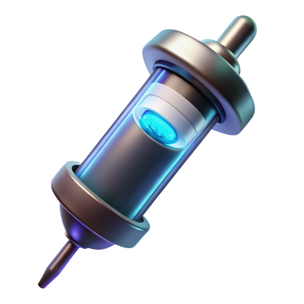 beautiful rustic Futuristic medical syringe, glowing liquid, digital display high quality png