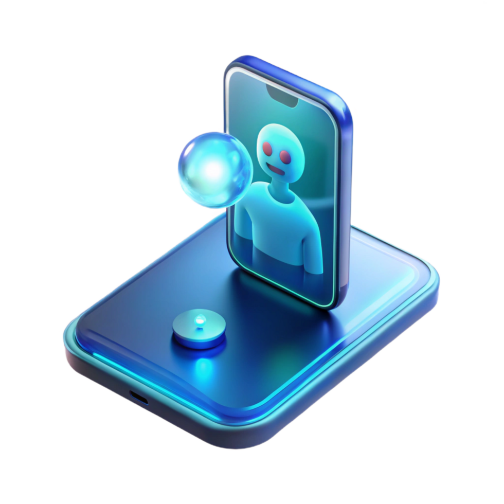 stunning creative A levitating transparent smartphone displaying holographic projections of human emotions, cool blue lighting, futuristic minimalist style exclusive png