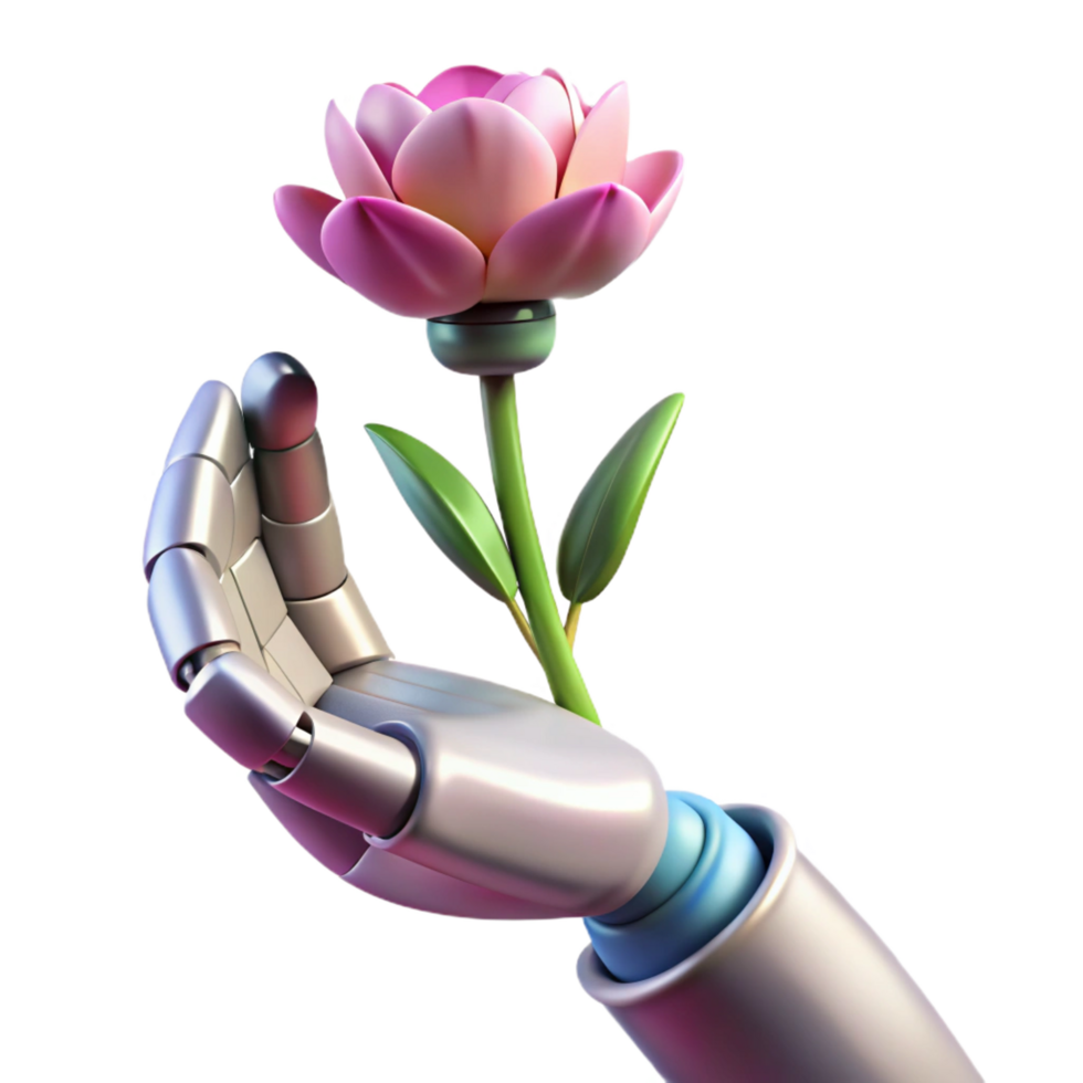 stunning contemporary Robotic hand holding a delicate flower high resolution png
