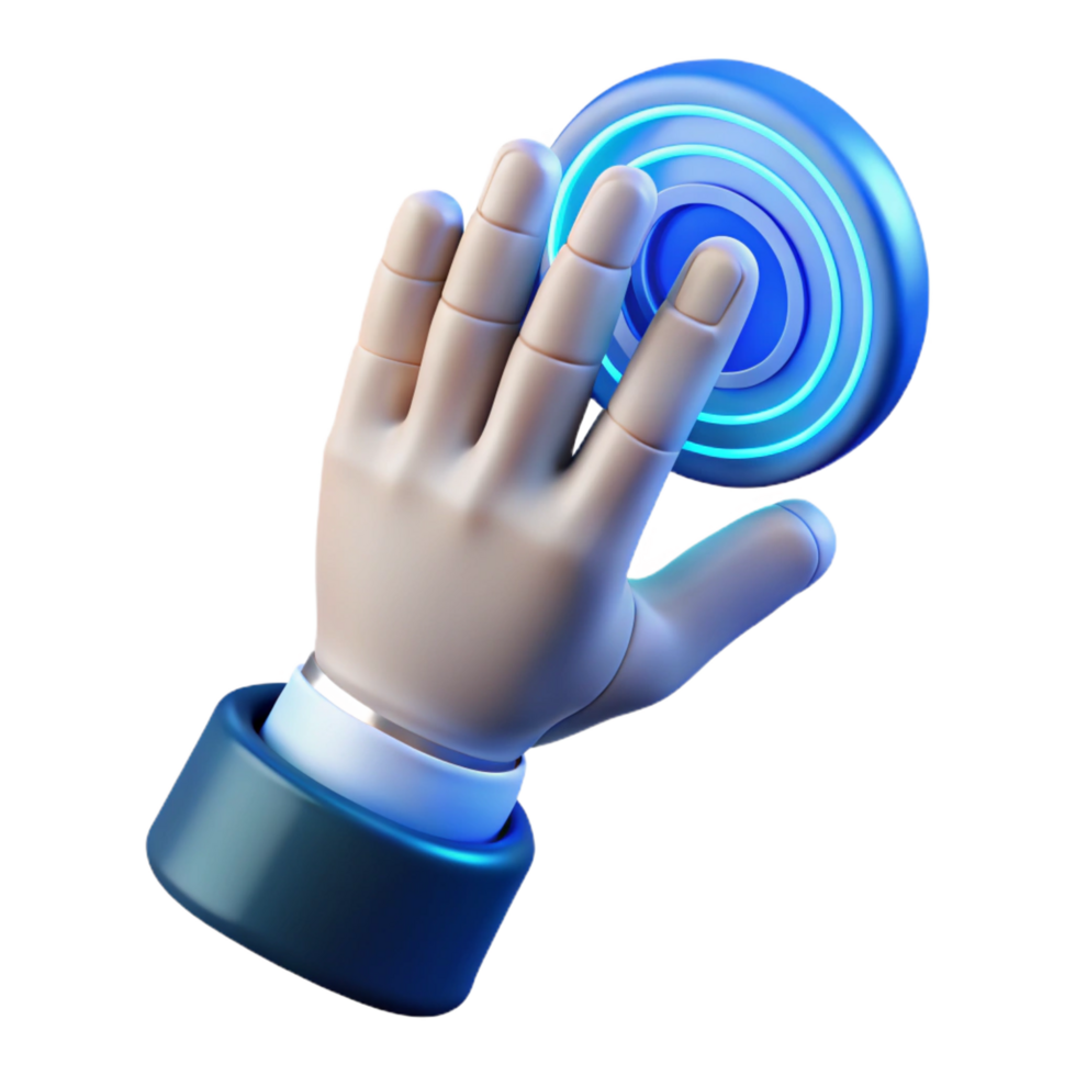 wonderful modern A human hand reaching out to touch a holographic interface, blue and white hues, futuristic style 4K png