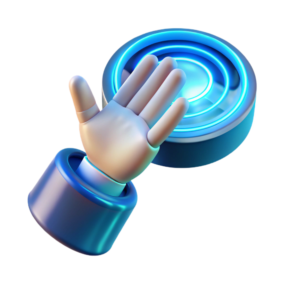 stunning contemporary A human hand reaching out to touch a holographic interface, blue and white hues, futuristic style 4K png