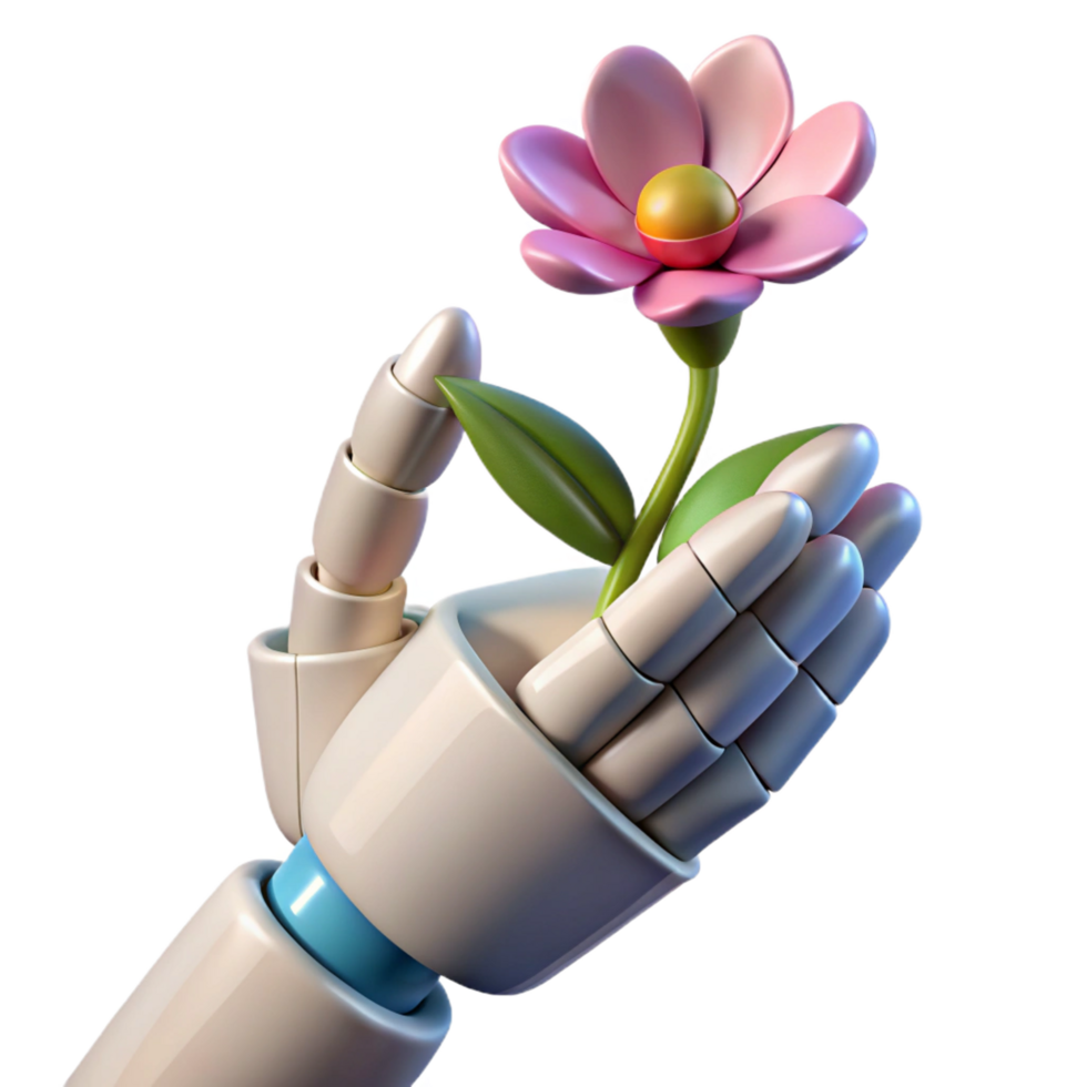 vibrant minimalist Robotic hand holding a delicate flower high quality png