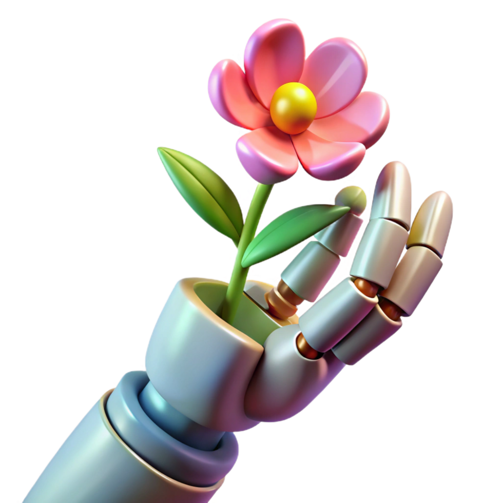 beautiful abstract Robotic hand holding a delicate flower detailed png