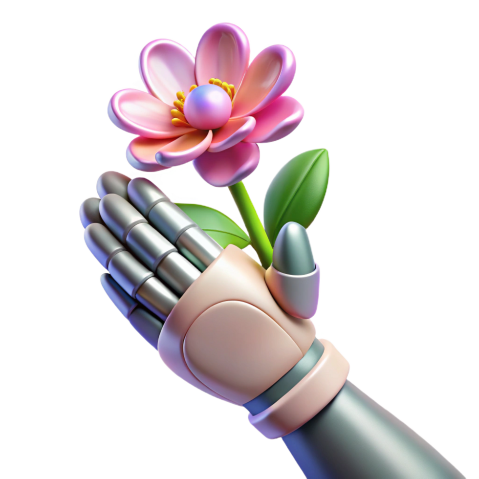 extraordinary vintage Robotic hand holding a delicate flower exclusive png