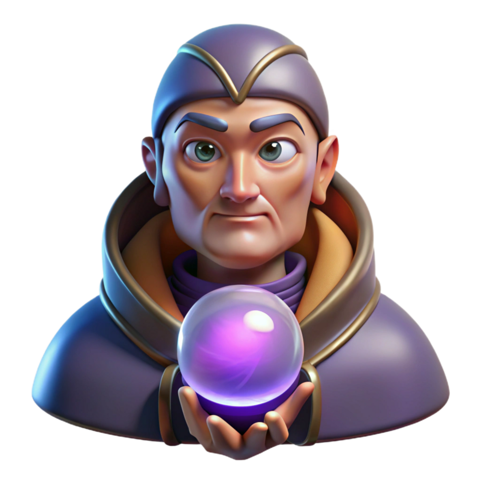 dramatic creative Portrait of an enigmatic fortune teller with mystical symbols and a knowing gaze, illuminated by the glow of a crystal ball, in a dark, esoteric style exclusive png