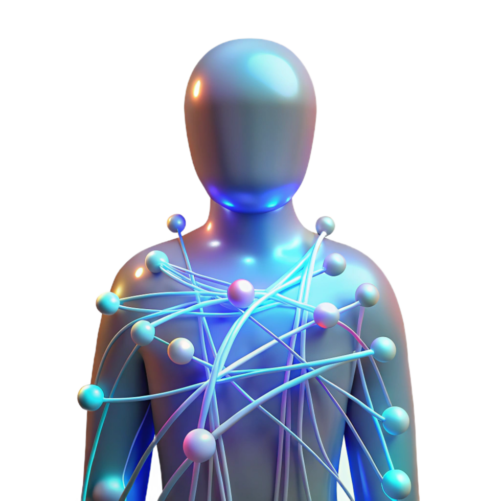wonderful vintage A network of glowing fiber optic cables forming a human silhouette, soft ambient lighting, ethereal style professional png