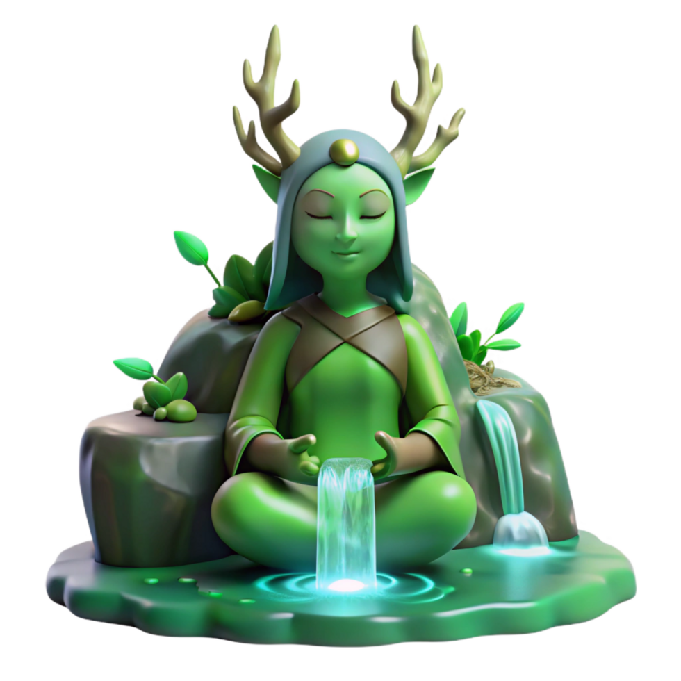 impressive minimalist A serene forest spirit with glowing green skin and antler-like branches, meditating beneath a waterfall, illuminated by dappled sunlight. Fantasy art style detailed png