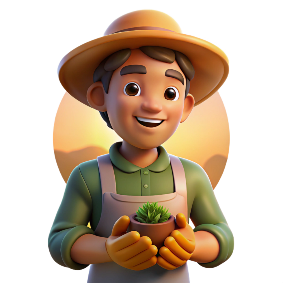 stunning modern Portrait of a gentle gardener with dirt on their hands and a warm smile, illuminated by the golden light of sunset, in a naturalistic, pastoral style exclusive png