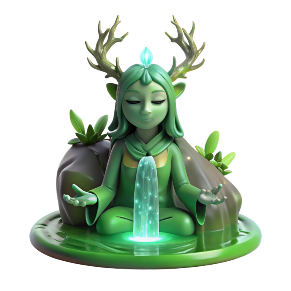 extraordinary modern A serene forest spirit with glowing green skin and antler-like branches, meditating beneath a waterfall, illuminated by dappled sunlight. Fantasy art style professional png