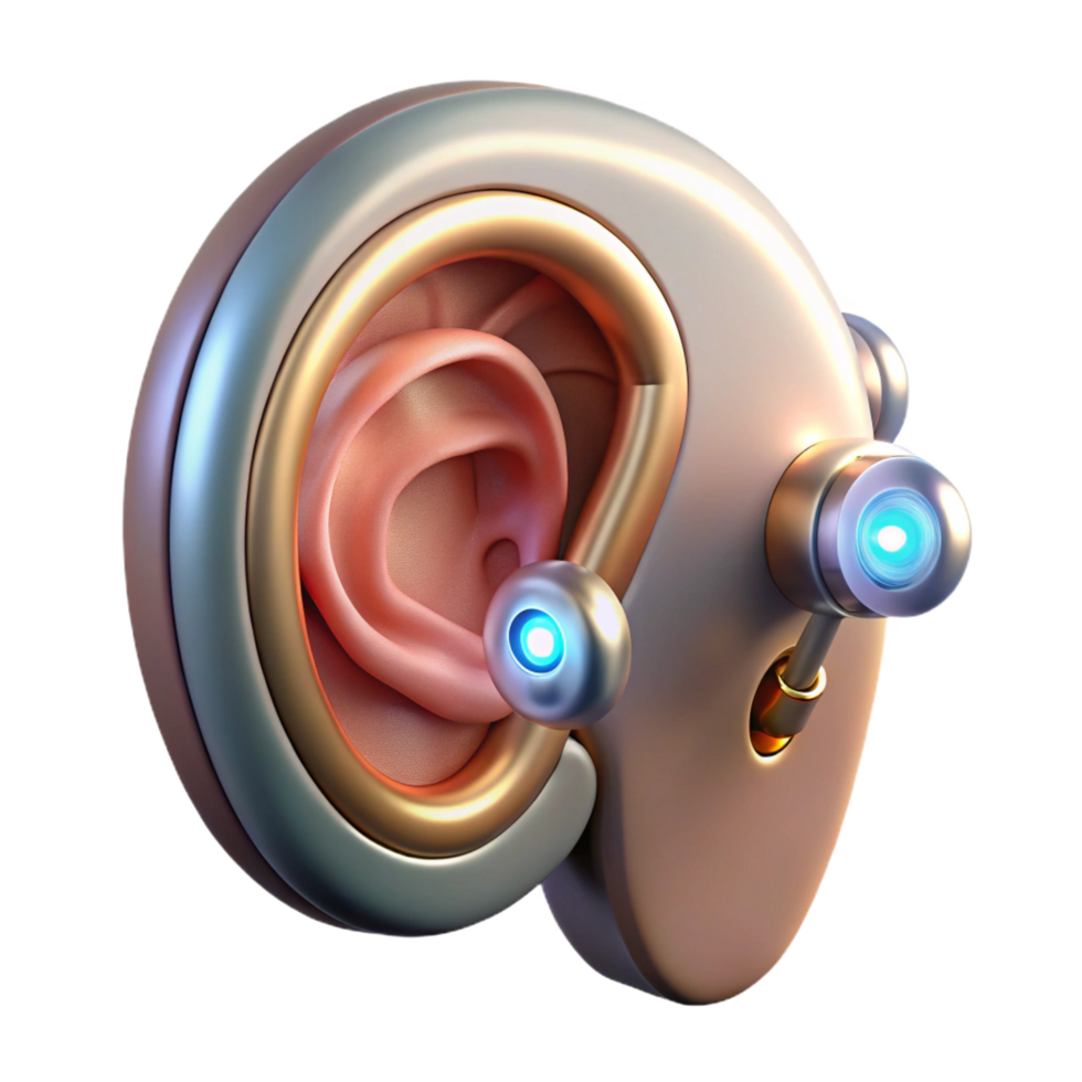 elegant contemporary Cybernetic ear implant, glowing lights, intricate circuitry high resolution png