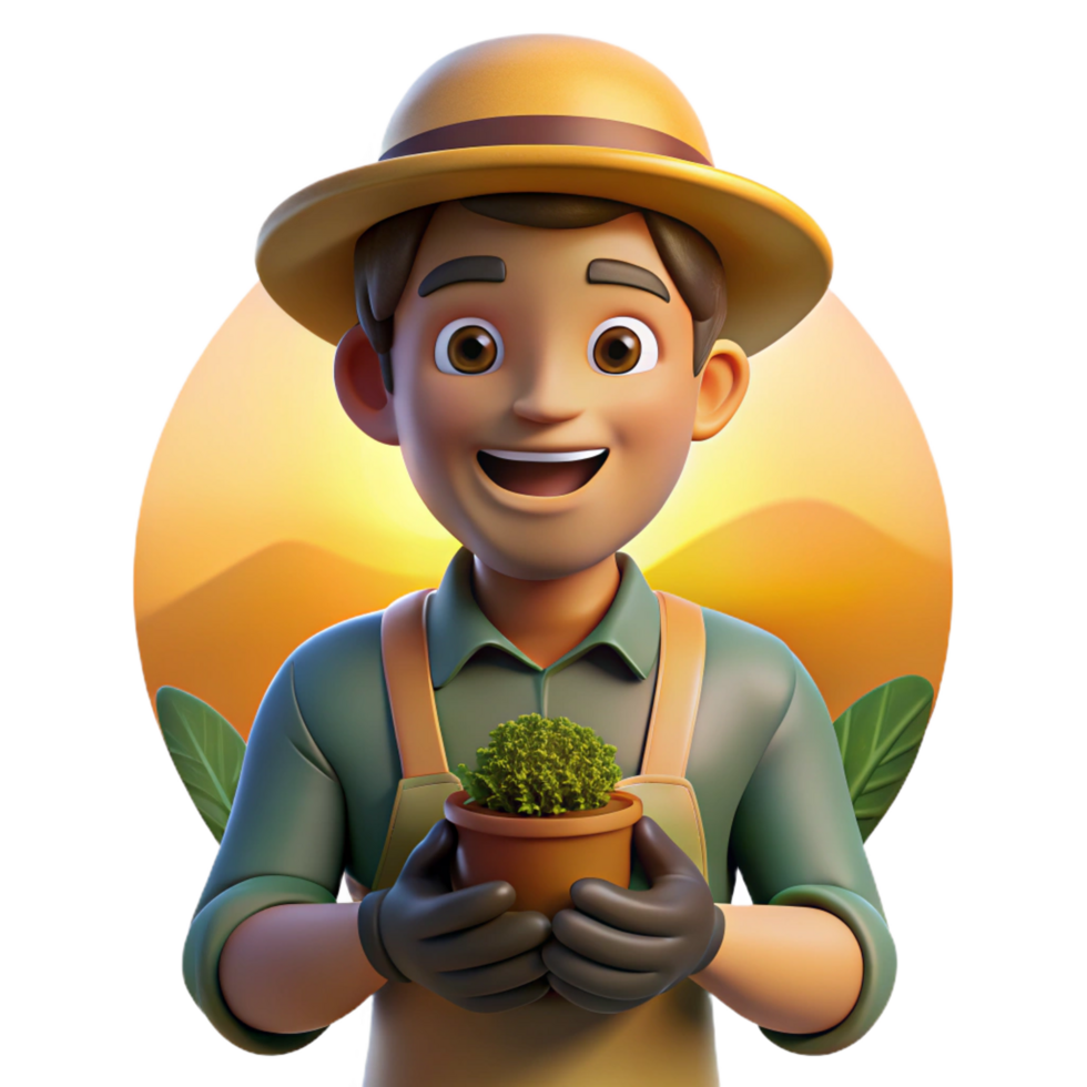 dramatic creative Portrait of a gentle gardener with dirt on their hands and a warm smile, illuminated by the golden light of sunset, in a naturalistic, pastoral style premium png