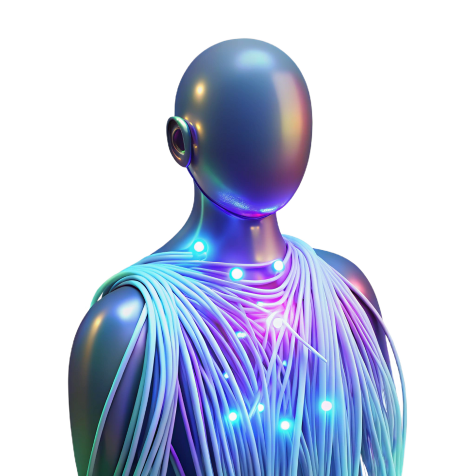 elegant modern A network of glowing fiber optic cables forming a human silhouette, soft ambient lighting, ethereal style premium png