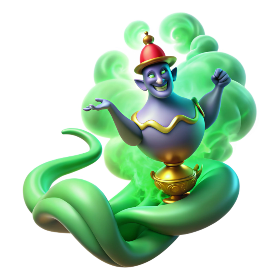 impressive rustic A powerful djinn, emerging from a magic lamp, surrounded by swirling smoke, lit by an eerie green light, in an Arabian Nights style 4K png