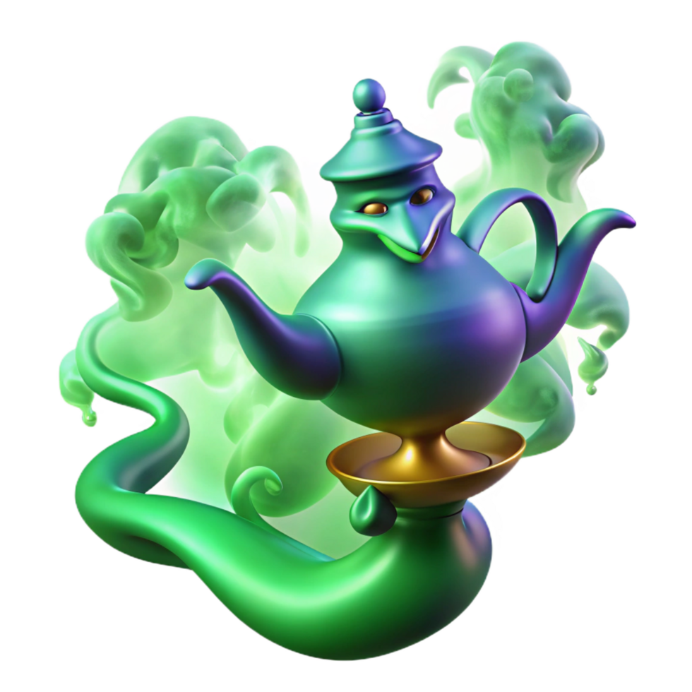 magnificent abstract A powerful djinn, emerging from a magic lamp, surrounded by swirling smoke, lit by an eerie green light, in an Arabian Nights style professional png