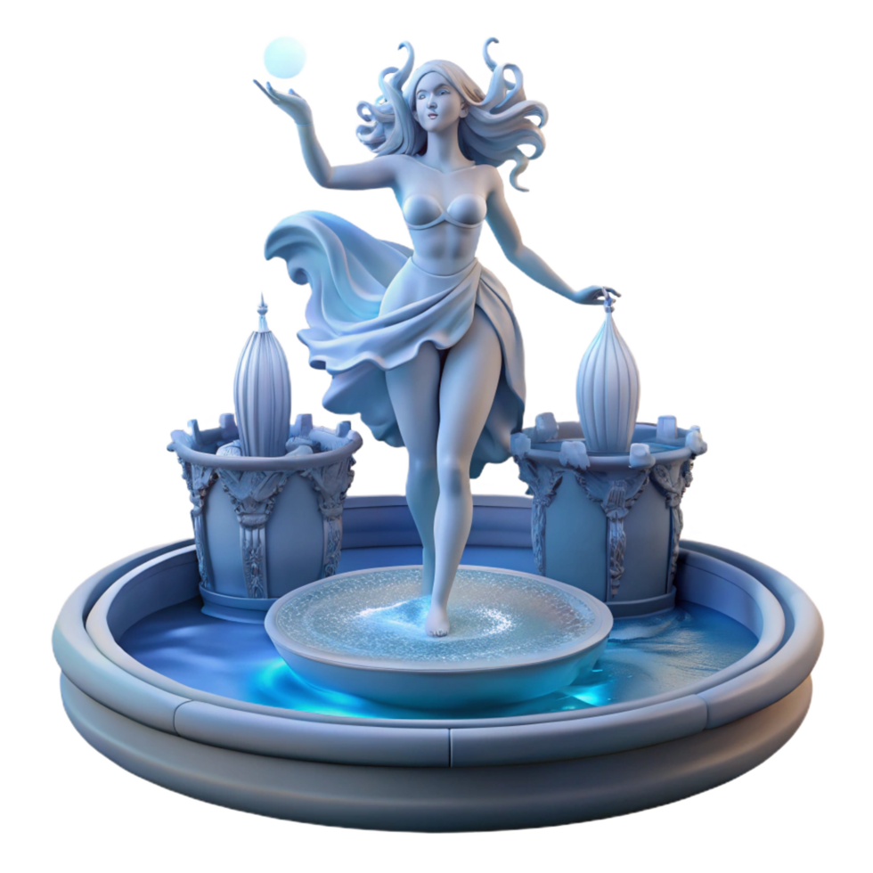vibrant minimalist A graceful water nymph, dancing in a moonlit fountain, surrounded by cascading water, lit by the moonlight, in a Baroque style 4K png