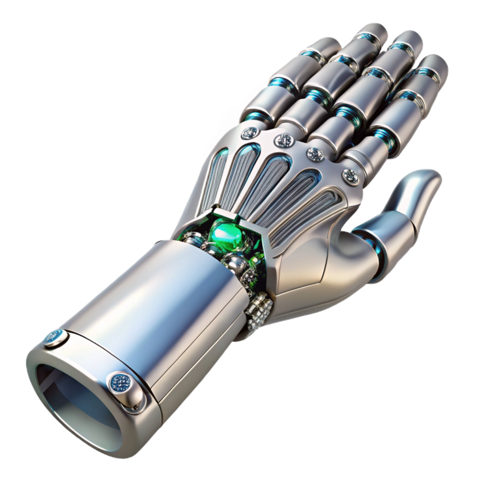 elegant contemporary A futuristic prosthetic limb composed of intricate interwoven circuits, polished chrome and brushed aluminum, studio lighting professional png