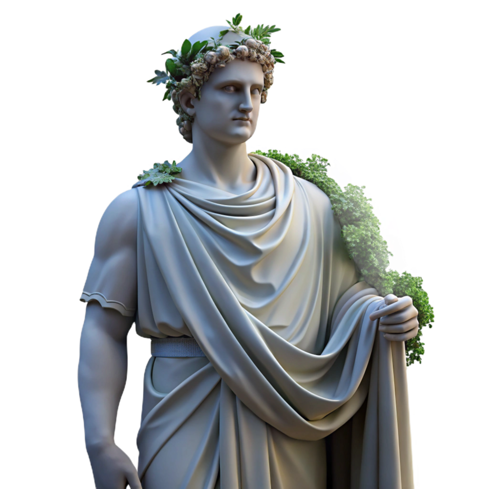 beautiful rustic A stoic, marble statue of a Greek god, with chiseled features and draped robes, partially covered in creeping vines, lit by a single beam of moonlight. Neoclassical style exclusive png