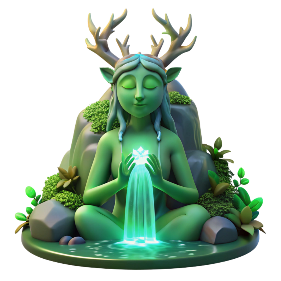 magnificent rustic A serene forest spirit with glowing green skin and antler-like branches, meditating beneath a waterfall, illuminated by dappled sunlight. Fantasy art style high resolution png