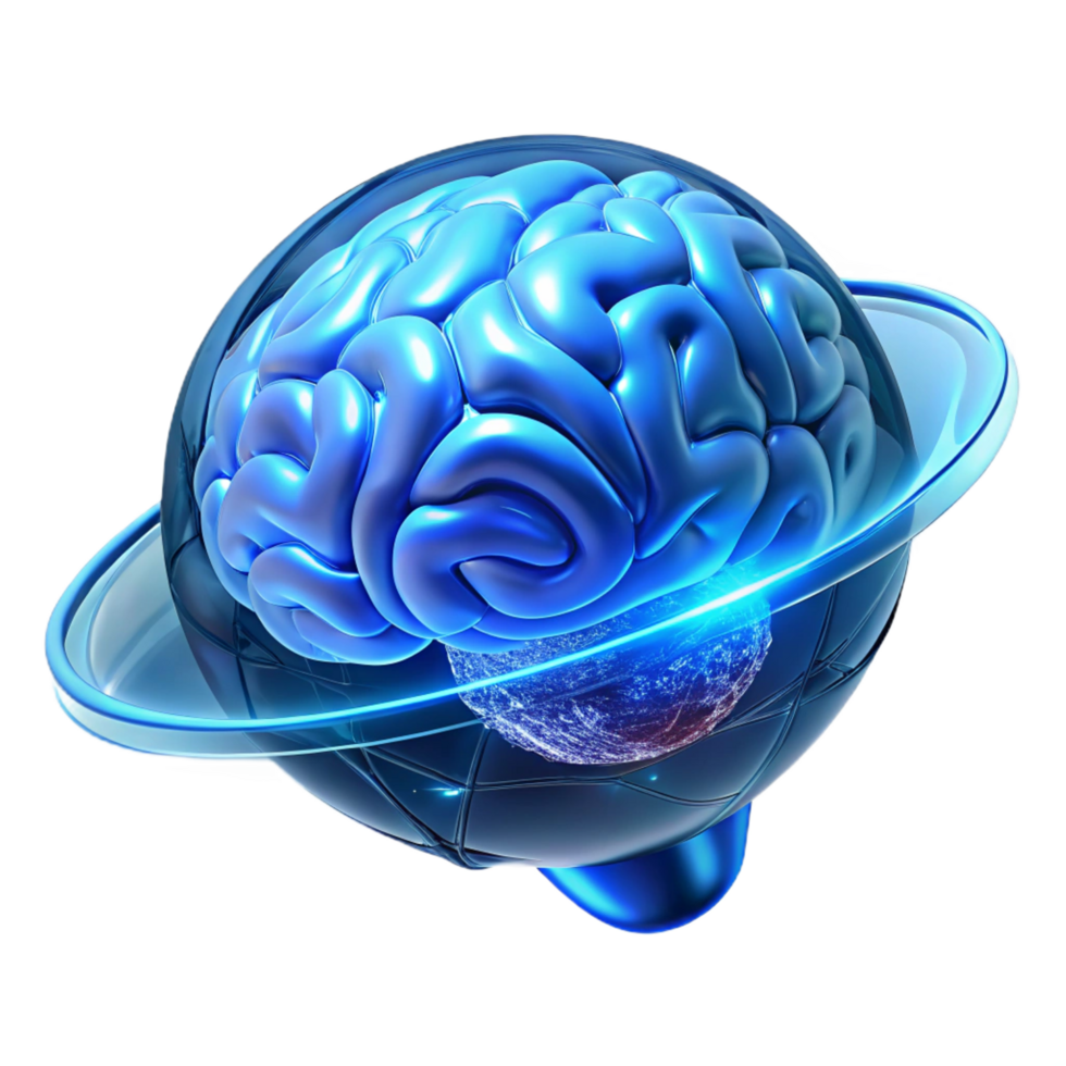 wonderful vintage A holographic projection of a human brain rotating in space, wireframe rendering, cool blue lighting authentic png