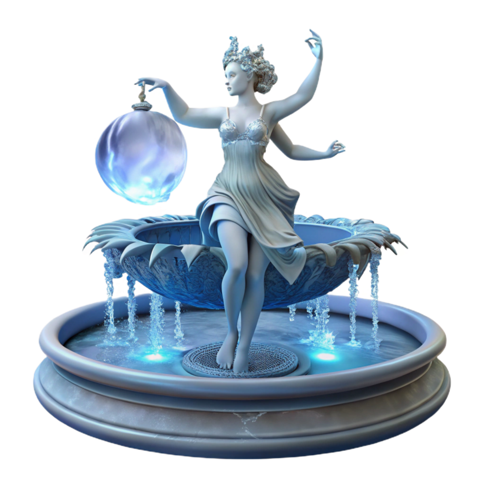 extraordinary modern A graceful water nymph, dancing in a moonlit fountain, surrounded by cascading water, lit by the moonlight, in a Baroque style high resolution png