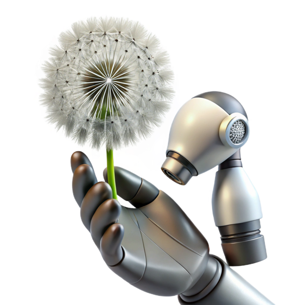beautiful traditional A robotic hand delicately holding a dandelion seed head, metallic and organic textures, soft natural lighting 4K png