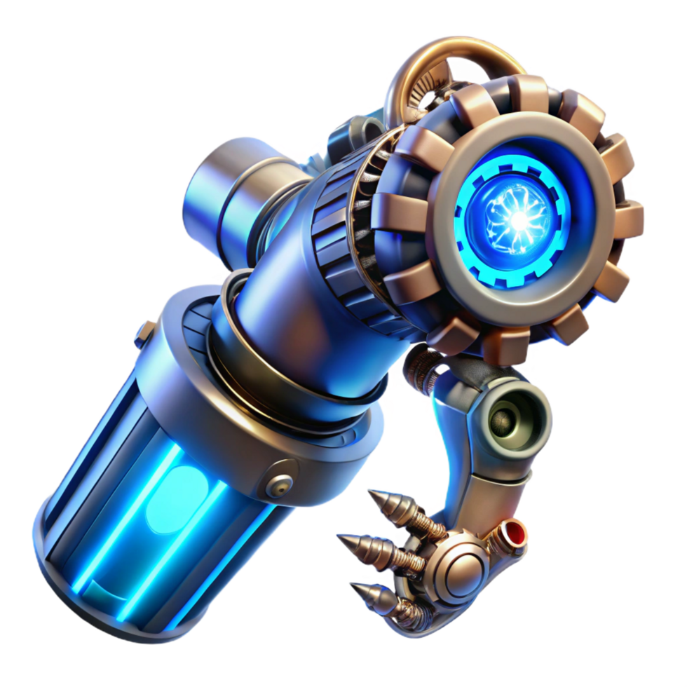 extraordinary modern A steampunk prosthetic arm with intricate gears, pistons, and glowing vacuum tubes, lit by a cool, electric blue light, in a cyberpunk style 4K png