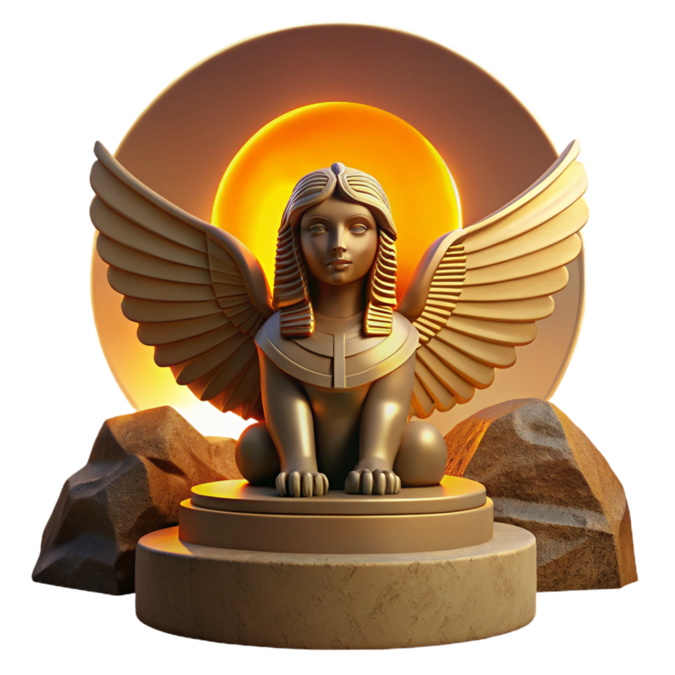 impressive traditional A serene, wise Sphinx with golden wings and a woman's face, perched atop a weathered stone pedestal, bathed in the warm glow of a desert sunset. Art Deco style authentic png