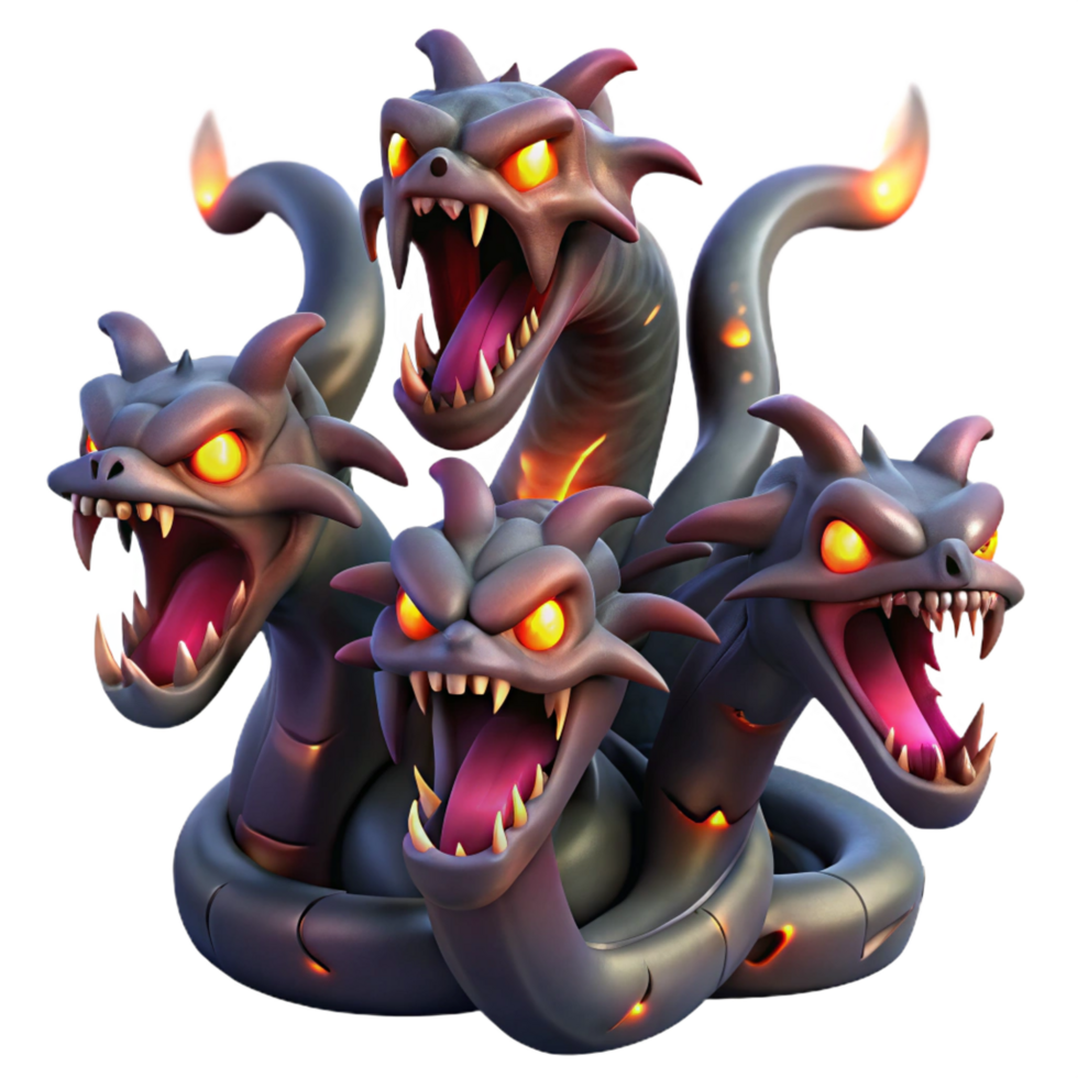 dramatic classic A fearsome hydra with multiple heads, each spewing venomous fumes, illuminated by the glow of its own poison. Dark fantasy style detailed png