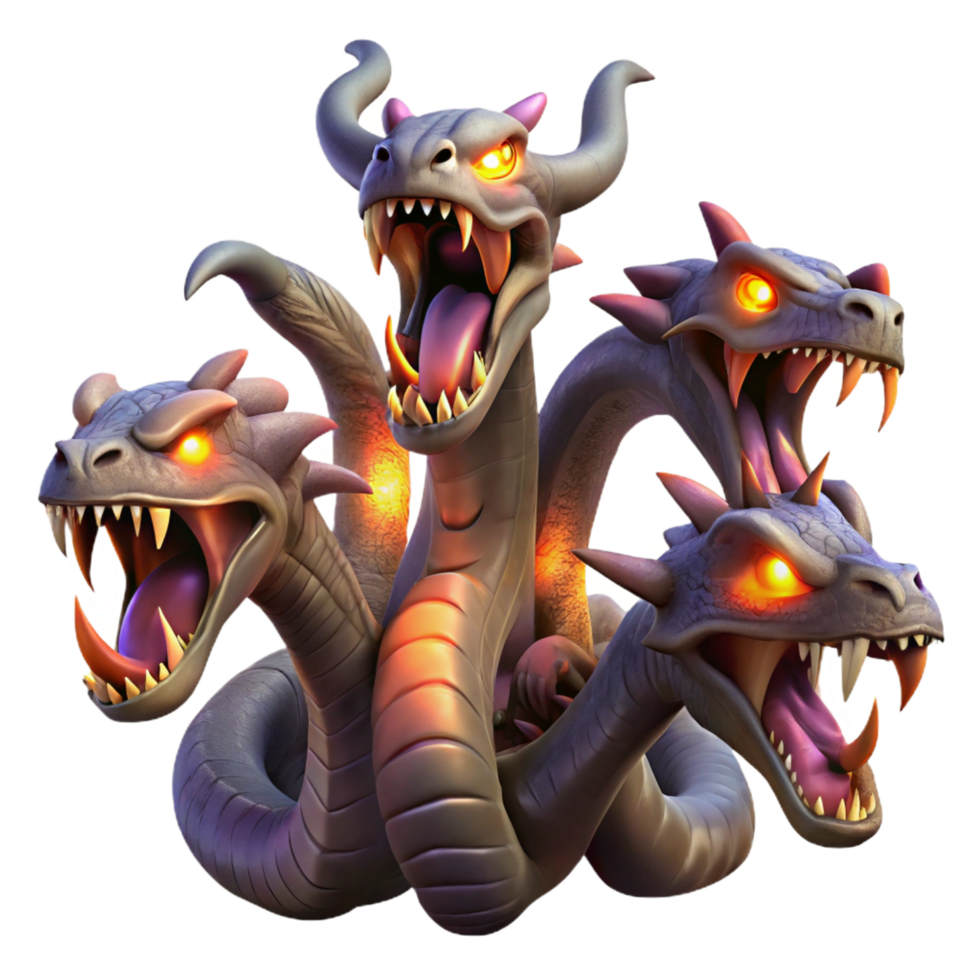 extraordinary modern A fearsome hydra with multiple heads, each spewing venomous fumes, illuminated by the glow of its own poison. Dark fantasy style authentic png