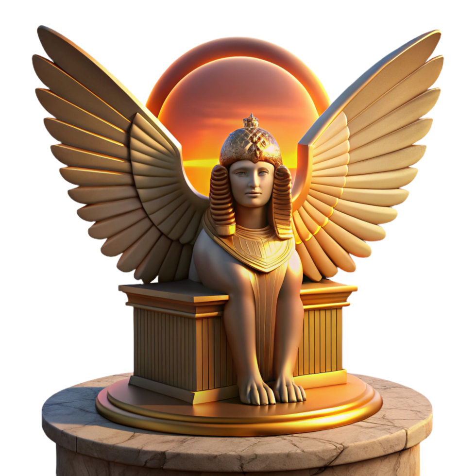 magnificent artistic A serene, wise Sphinx with golden wings and a woman's face, perched atop a weathered stone pedestal, bathed in the warm glow of a desert sunset. Art Deco style 4K png