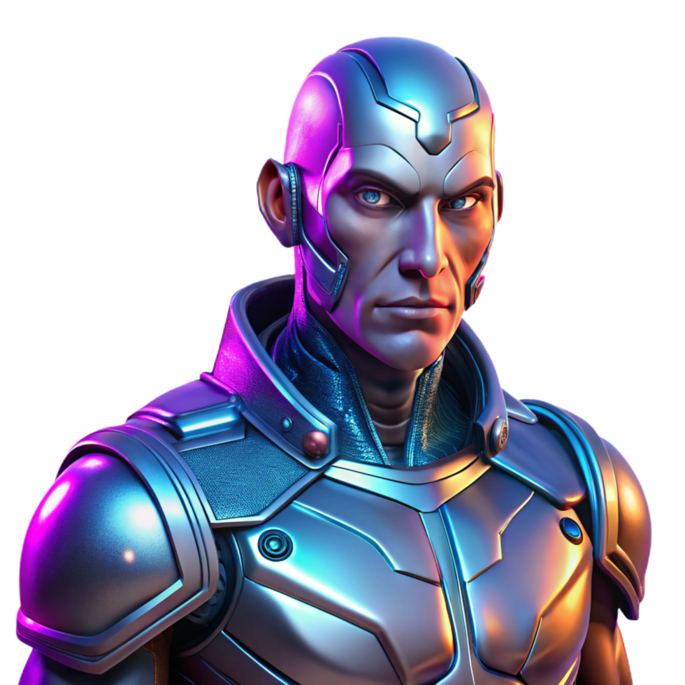 beautiful traditional Portrait of a powerful cyborg with metallic implants and a piercing gaze, illuminated by neon lights, in a futuristic, cyberpunk style professional png