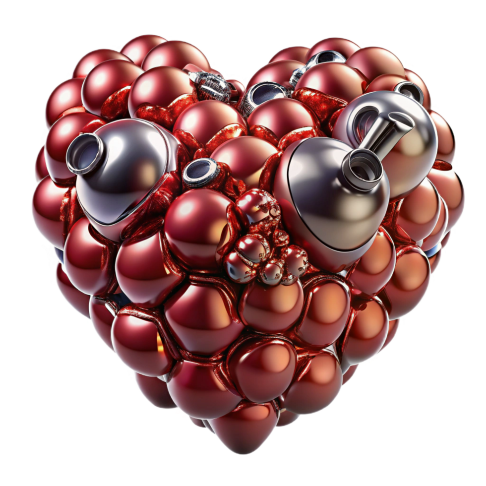 serene artistic A swarm of nanobots assembling a human heart, metallic textures and subtle reflections, biopunk style high resolution png