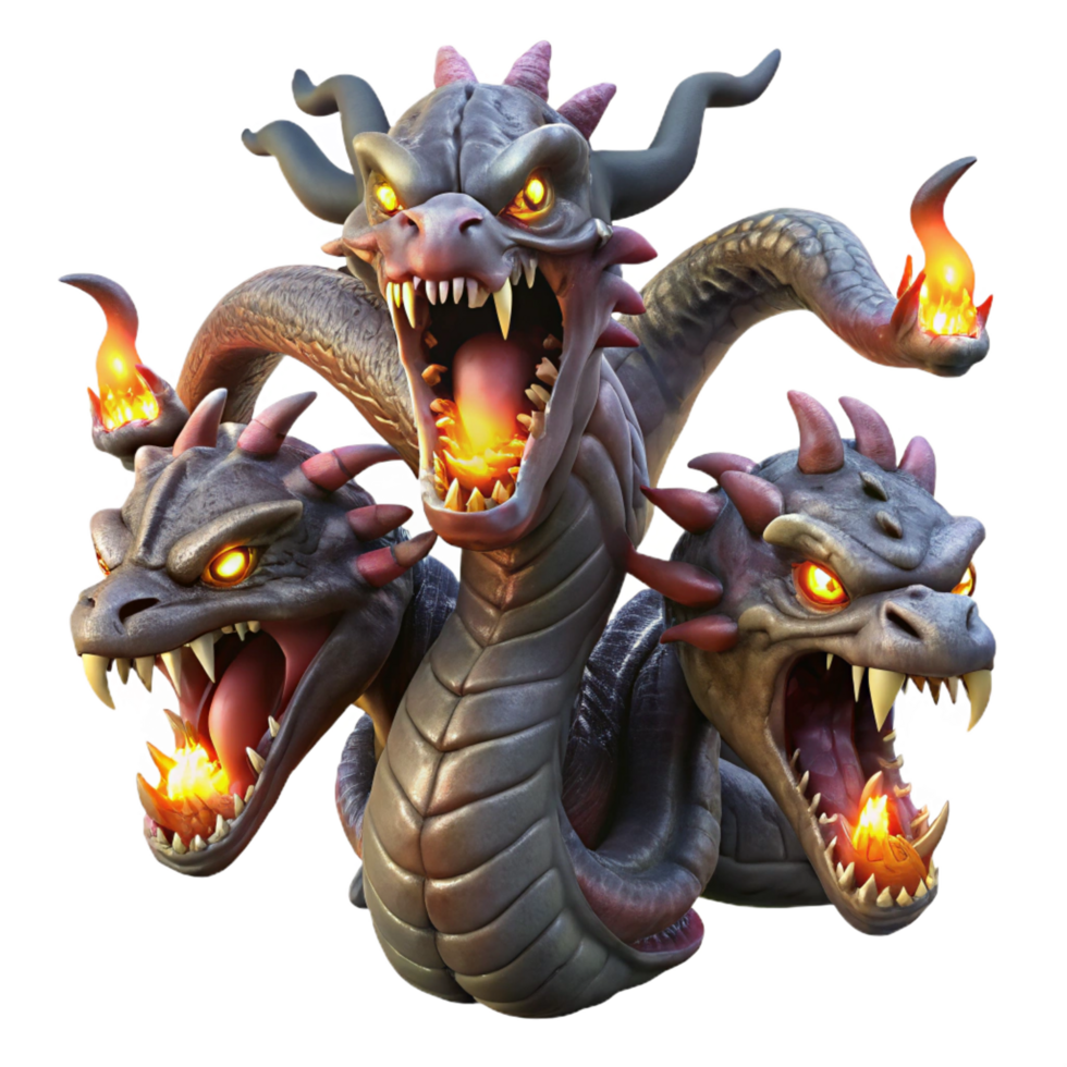 dramatic artistic A fearsome hydra with multiple heads, each spewing venomous fumes, illuminated by the glow of its own poison. Dark fantasy style high resolution png