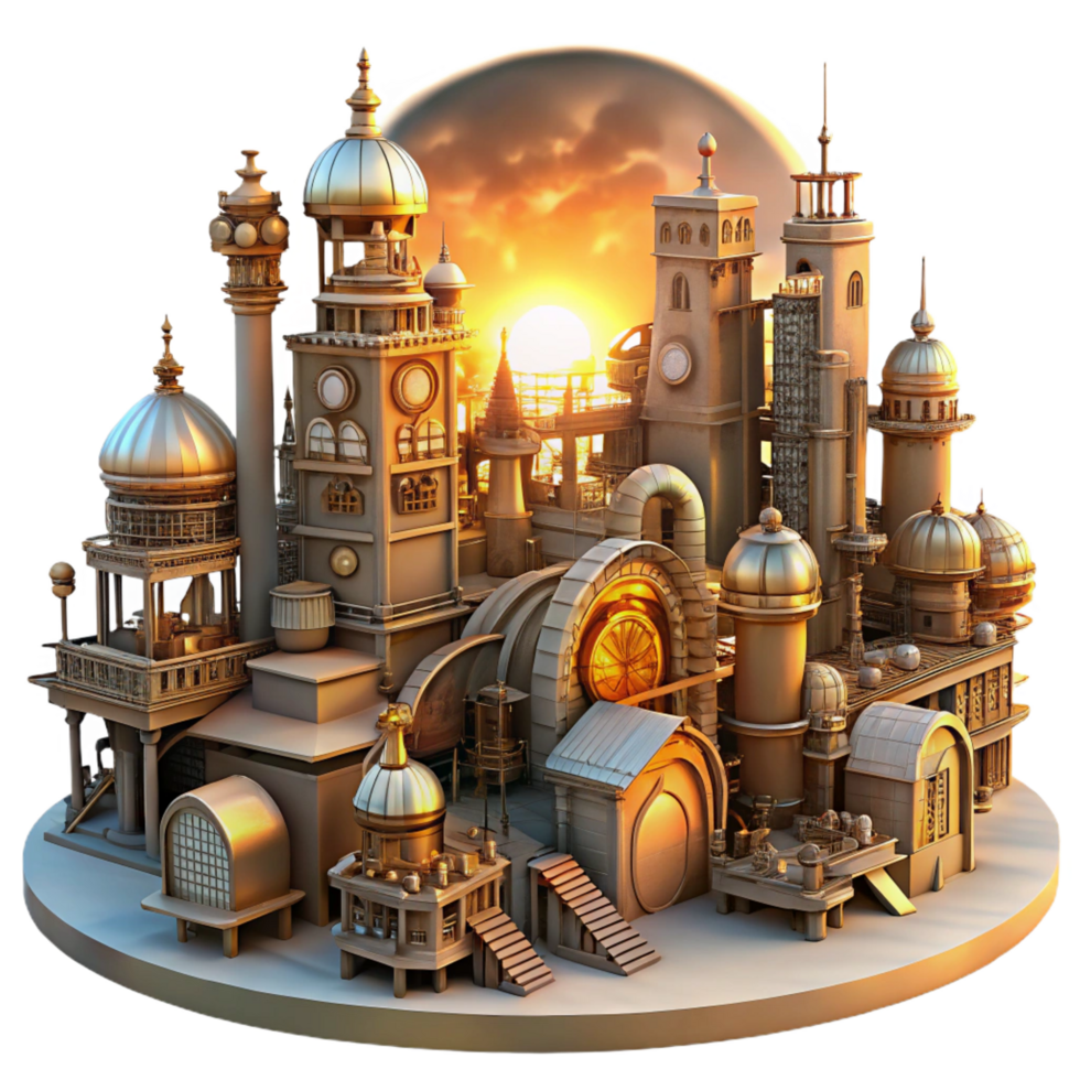 beautiful minimalist A steampunk cityscape with towering clockwork buildings, intricate aerial walkways, and steam-powered vehicles, bathed in a golden, sunset glow in an art nouveau style genuine png