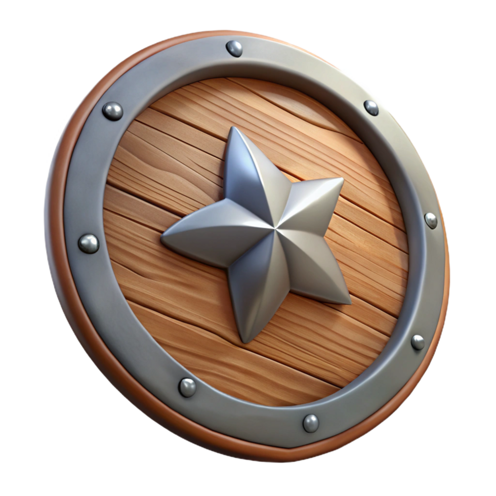 dramatic creative A simple wooden shield, metal rim, painted with a single star high resolution png