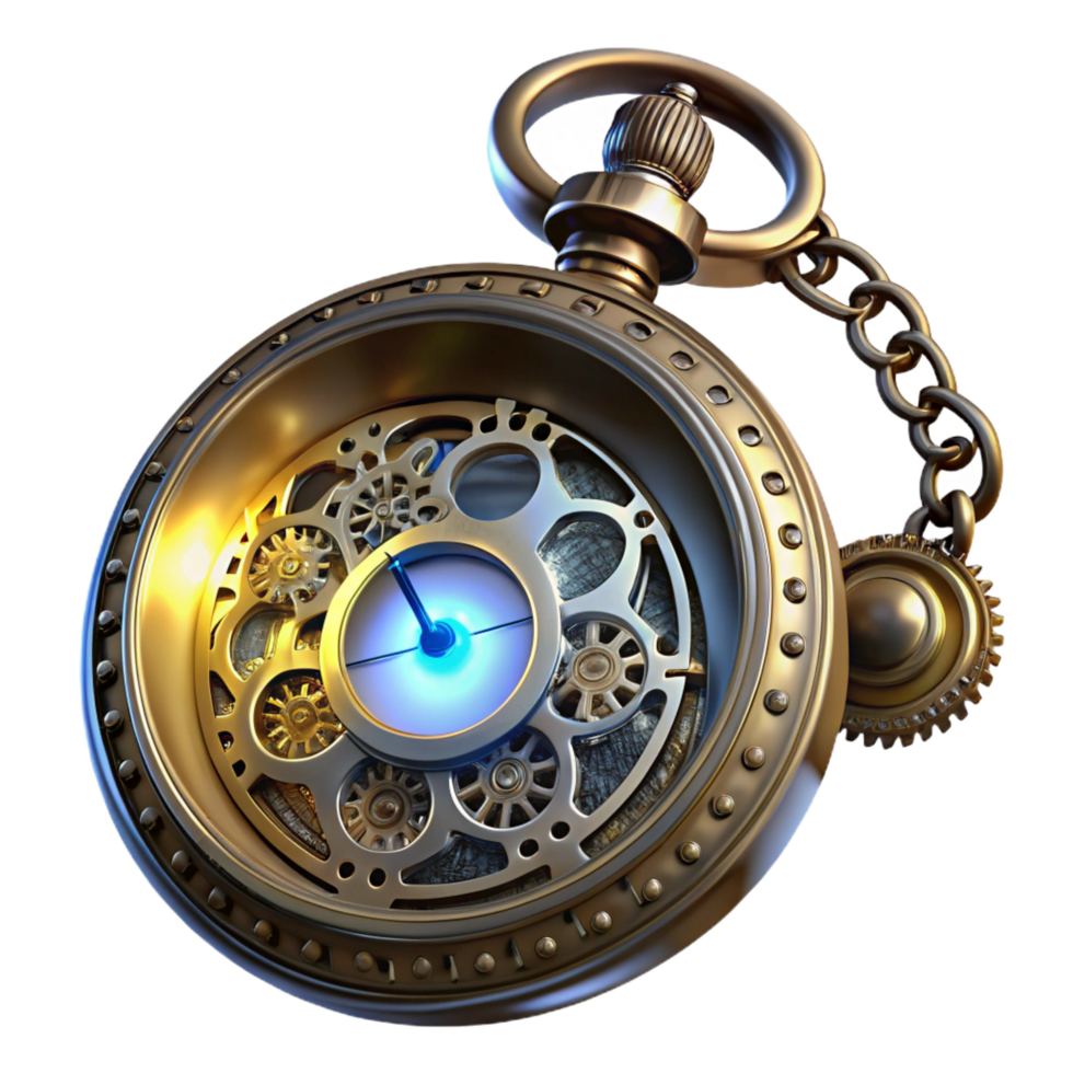 serene vintage A steampunk pocket watch with ornate filigree, exposed gears, and a glowing crystal center, lit by a dramatic, high-contrast spotlight in a photorealistic style authentic png
