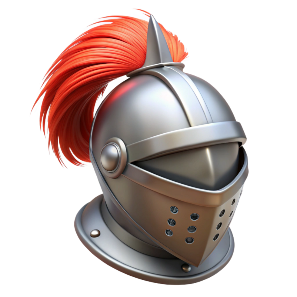 elegant traditional A realistic knight helmet, metal visor down, plume on top high resolution png