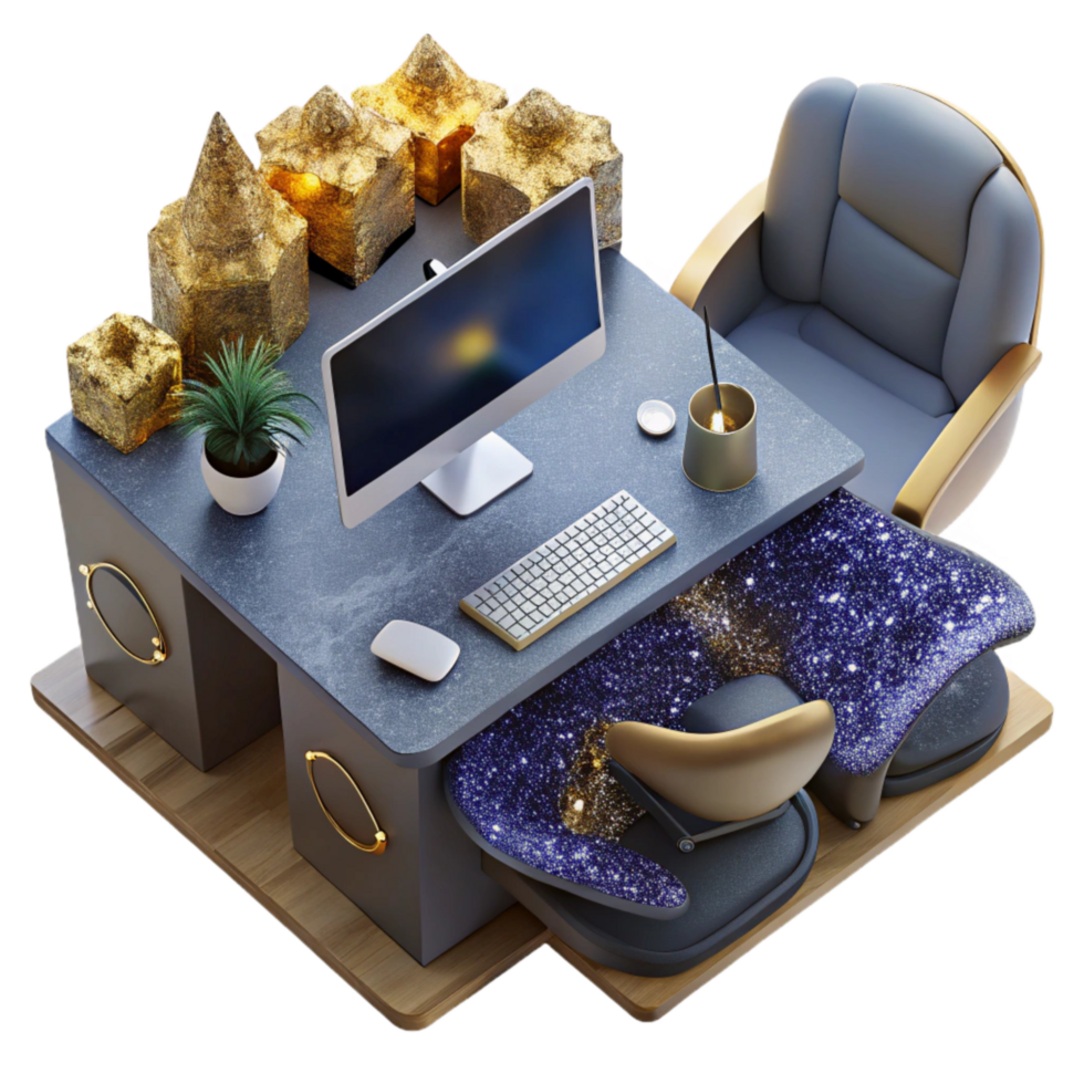 extraordinary creative Office Desk with Computer Monitor Top View Isolated professional png