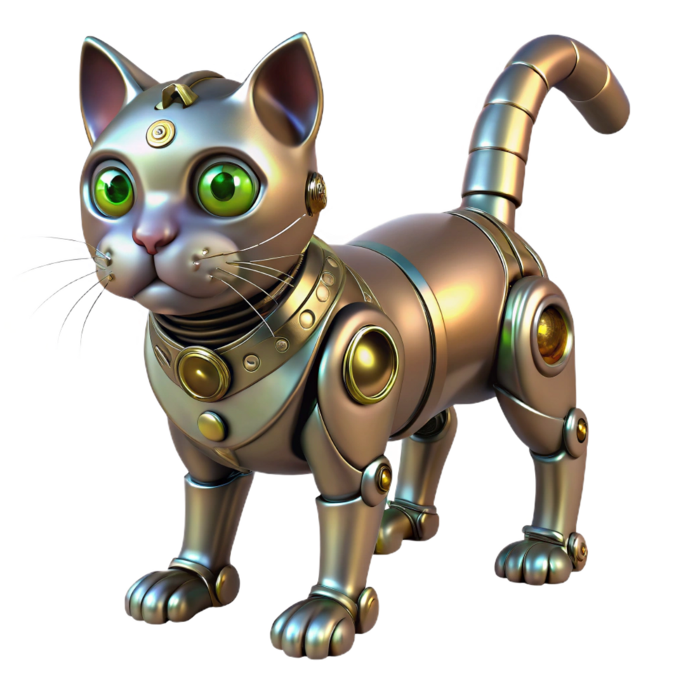 extraordinary traditional Steampunk robotic cat with glowing eyes and metallic fur high resolution png