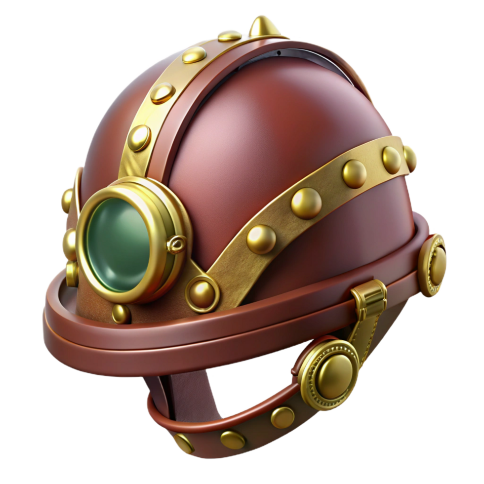 magnificent modern Steampunk helmet with a brass visor and leather straps detailed png