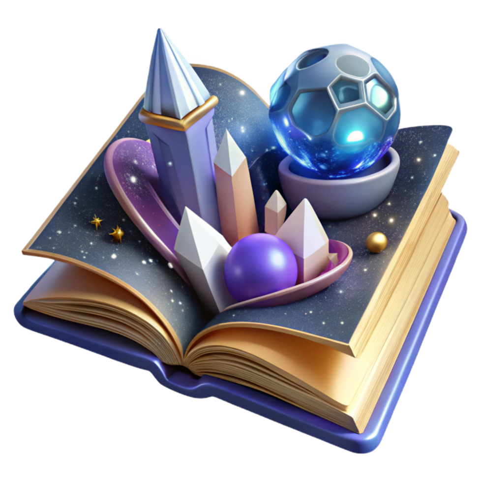 elegant rustic Open Book with Science Fiction Story Transparent Background high quality png