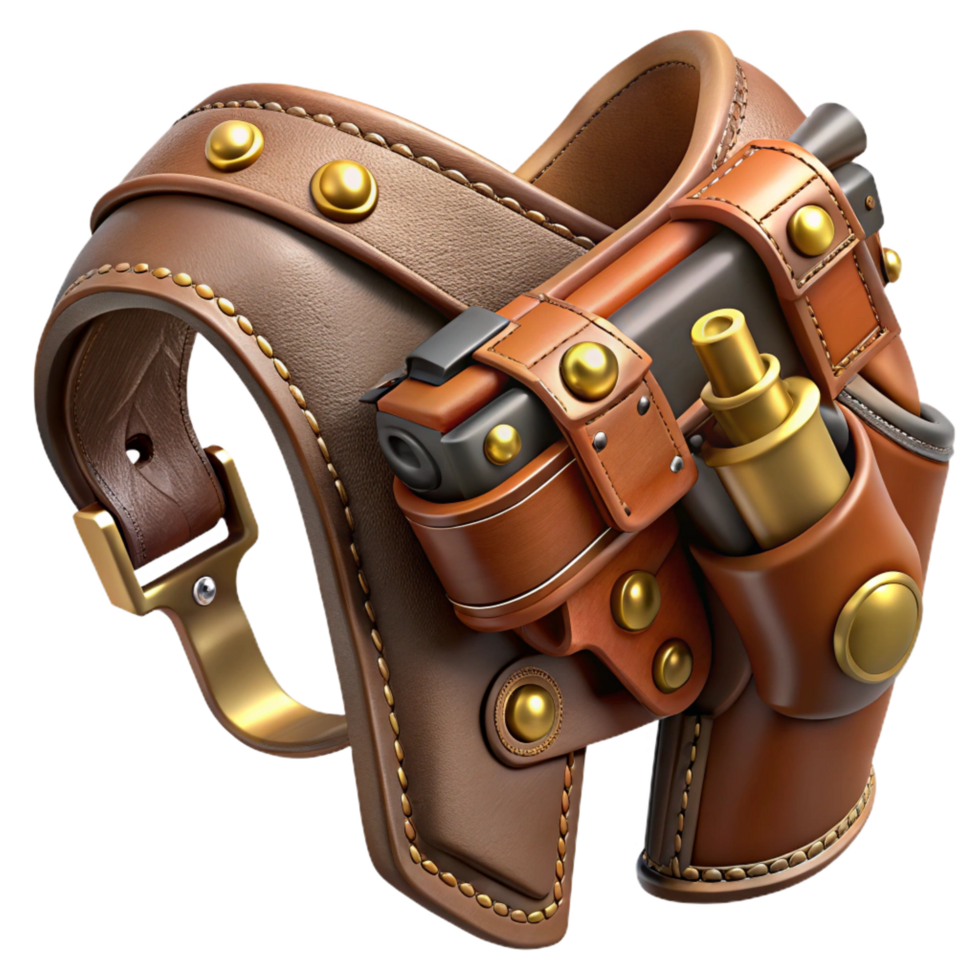 wonderful classic Steampunk pistol holster with leather straps and brass buckles high quality png