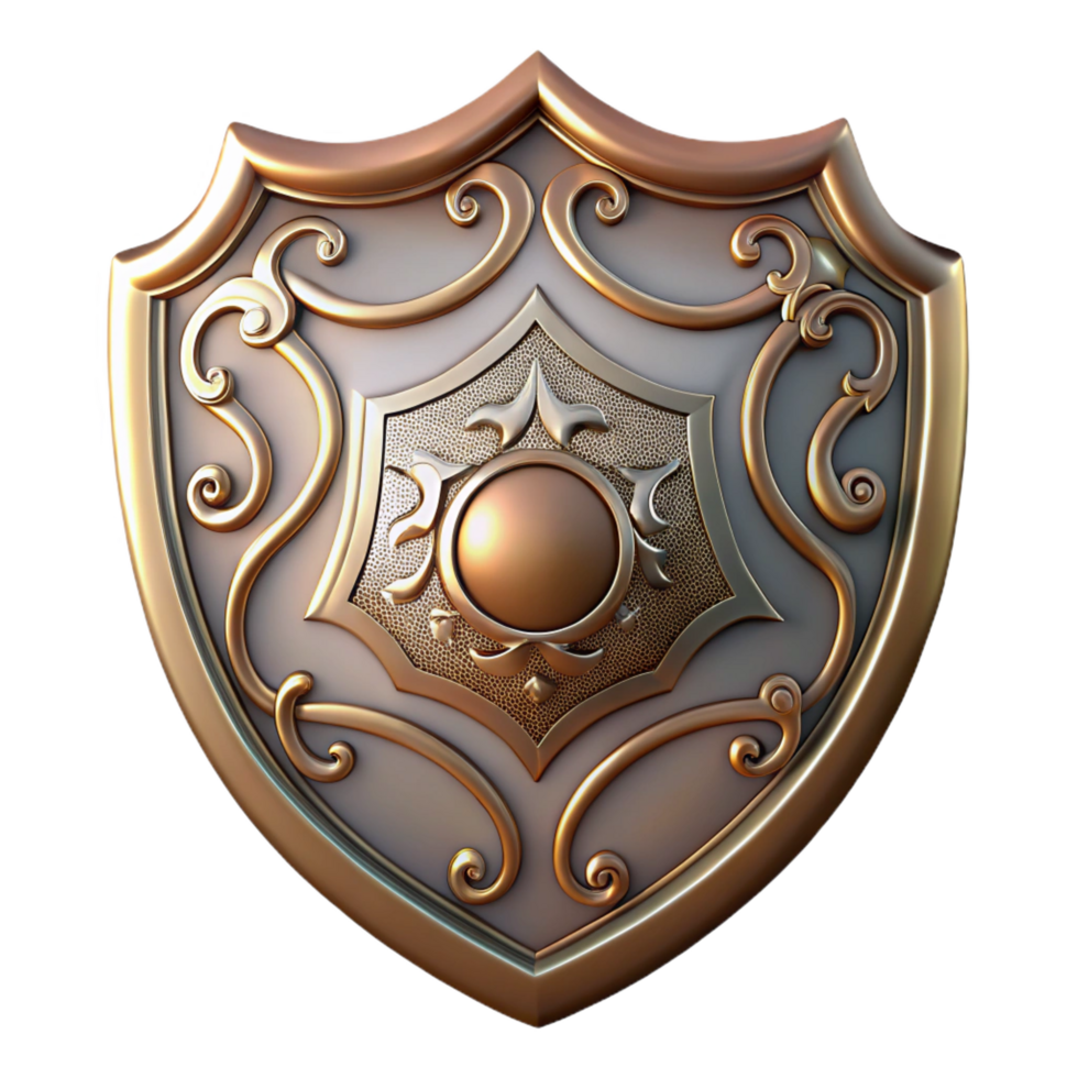 extraordinary creative A single, ornate shield, metallic, intricate design premium png