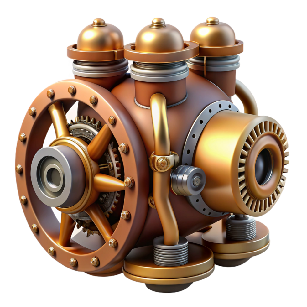 extraordinary contemporary Steampunk airship engine with exposed pistons and gears original png