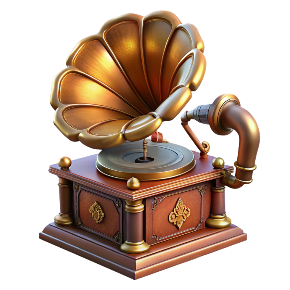 extraordinary artistic Steampunk gramophone with intricate carvings and a brass needle detailed png