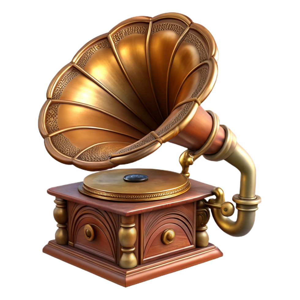 beautiful modern Steampunk gramophone with intricate carvings and a brass needle 4K png