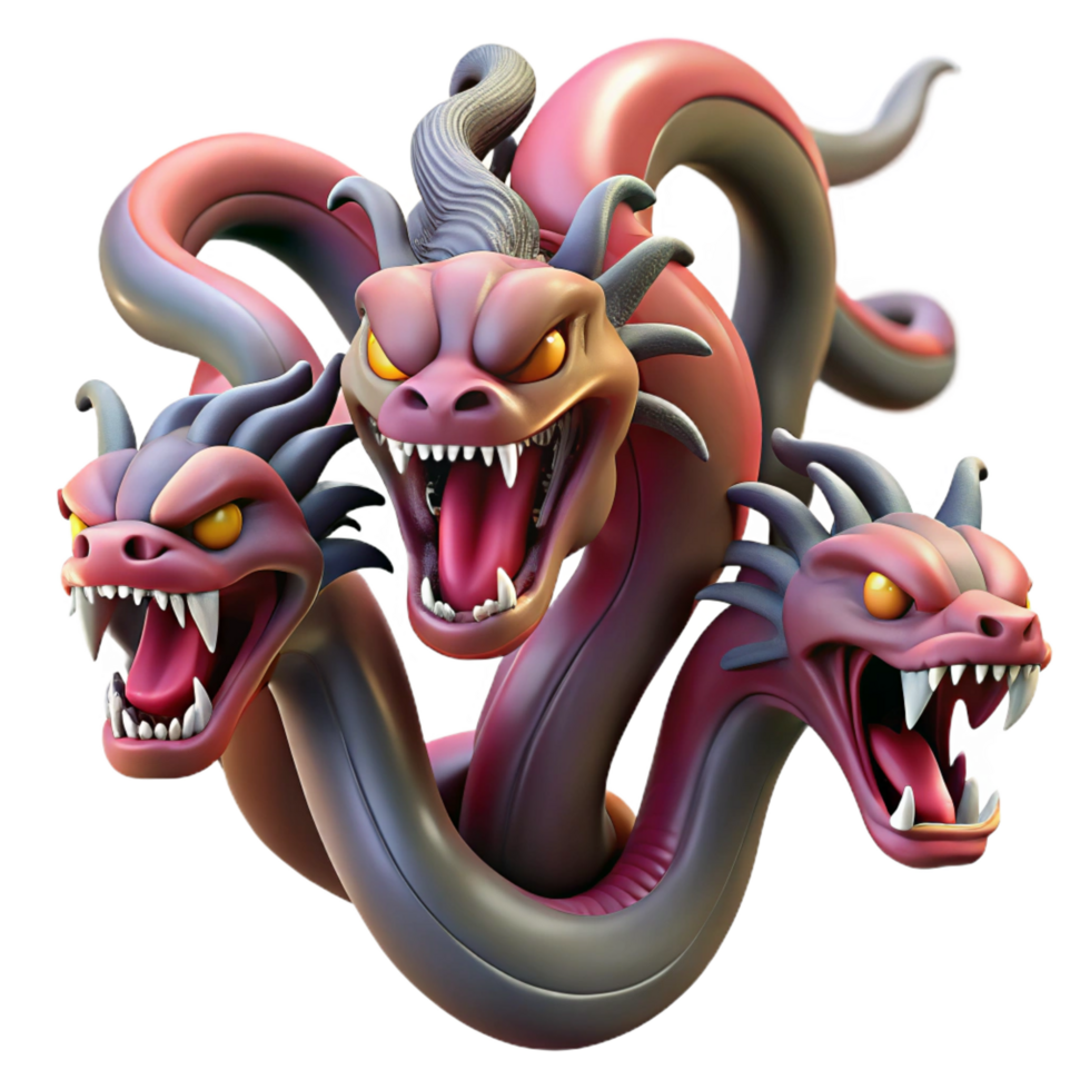 extraordinary modern A fierce hydra, multiple heads, serpentine body professional png