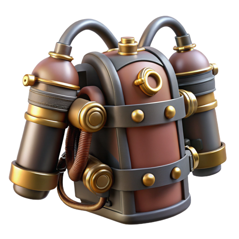 impressive artistic Steampunk jetpack with brass nozzles and leather straps high resolution png
